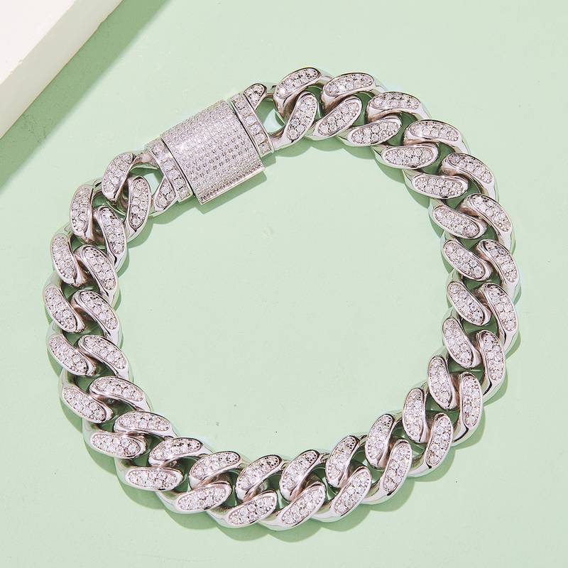 12mm宽Cuban ChainS925银镶Moissanite厘石圆形白色DVVS